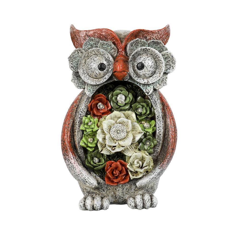 Garden Statue Owl Figurines; Solar Powered Resin Animal Sculpture with 5 Led Lights for Patio; Lawn;  Garden Decor