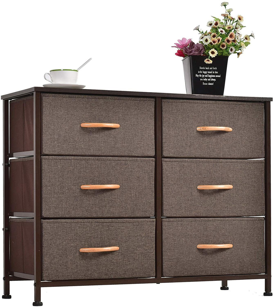 Dresser Closet with 6 Drawers;  Storage Tower Unit for Bedroom;  Hallway;  Closet;  Office Organization;  Wood Top;  Easy Pull Fabric Bins - Brown