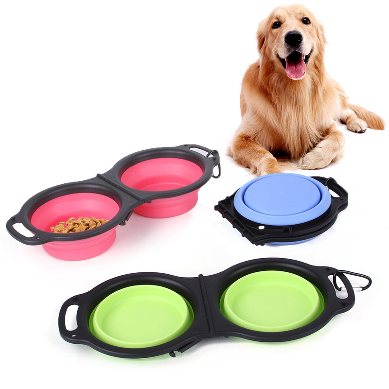 Rubber Folding Double Bowl Portable Pet Feeding Watering Bowl Outdoor Dog Food Bowl Cat Folding Food Multicolor Utensils