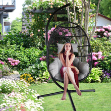 Load image into Gallery viewer, Large Folding Hanging Egg Chair with Stand Outdoor Patio Swing Egg Chair with Grey Cushion, 330LBS Capacity
