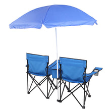 Load image into Gallery viewer, Double Folding Picnic Chairs w/Umbrella Mini Table Beverage Holder Carrying Bag for Beach Patio Pool Park Outdoor Portable Camping Chair (Blue)
