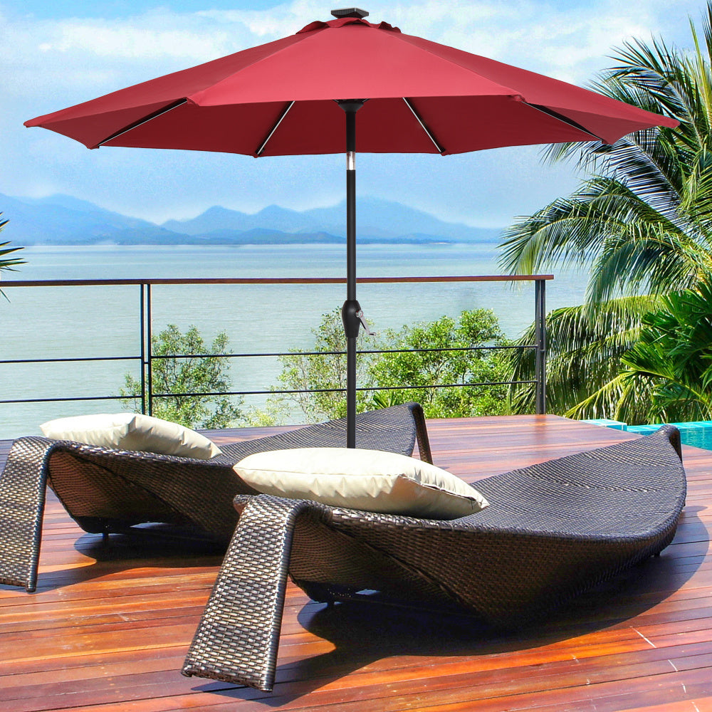 9FT Strip Light Umbrella Waterproof Folding Sunshade Wine with out Red Resin Baseis-dk