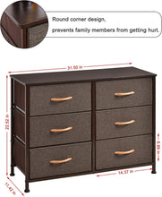 Load image into Gallery viewer, Dresser Closet with 6 Drawers;  Storage Tower Unit for Bedroom;  Hallway;  Closet;  Office Organization;  Wood Top;  Easy Pull Fabric Bins - Brown
