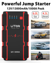 Load image into Gallery viewer, UTRAI Car Battery Starter, 1000A Peak 13000mAh 12V Car Auto Jump Starter, Portable Battery Booster with Lithium Jump Box and LED Light (Up to 6L Gas or 4.5L Diesel Engine) (Model BJ-MINI-OR)
