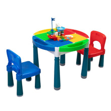 Load image into Gallery viewer, 6-In-1 Multi Activity Plastic Table and 2 Chair Set, Play Block Table with 71 PCS Compatible Big Building Bricks Toy for Toddlers, Water Table, Play Learn xh
