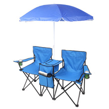 Load image into Gallery viewer, Double Folding Picnic Chairs w/Umbrella Mini Table Beverage Holder Carrying Bag for Beach Patio Pool Park Outdoor Portable Camping Chair (Blue)
