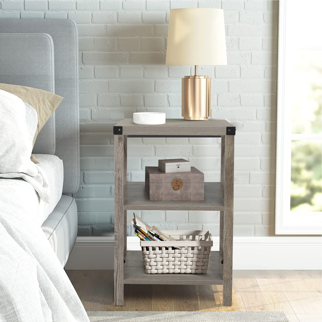 Farmhouse Square End Table, Wood Sofa Side Table with X-Shaped Metal Support, 3-Tier Storage Shelf for Living Room Bedroom Office, Gray Wash