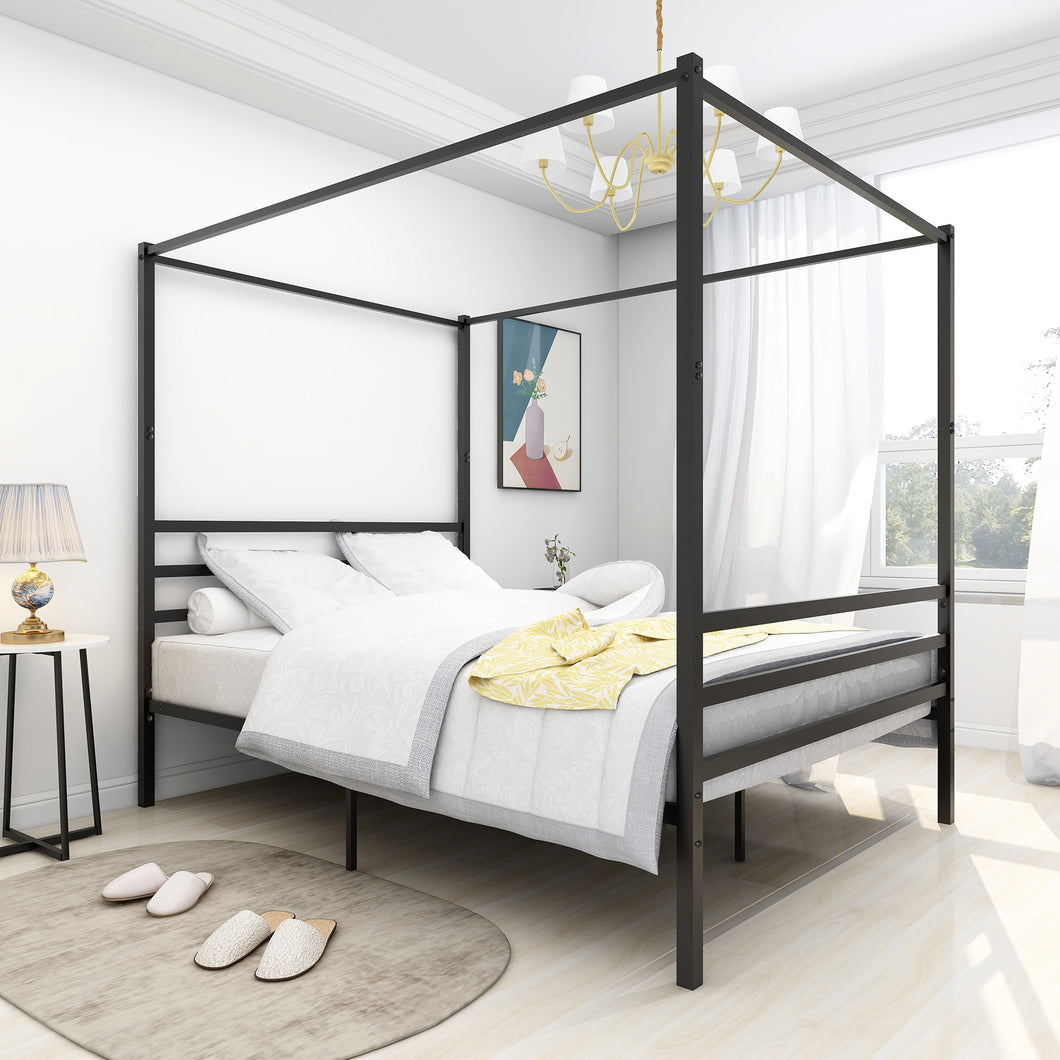 Metal Canopy Bed Frame, Stable and durable metal platform , Queen Black