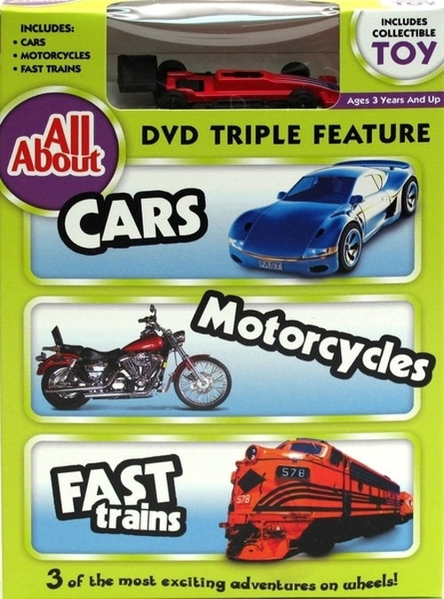 All About Cars-Motorcycles-Trains DVD w Collectible Toy